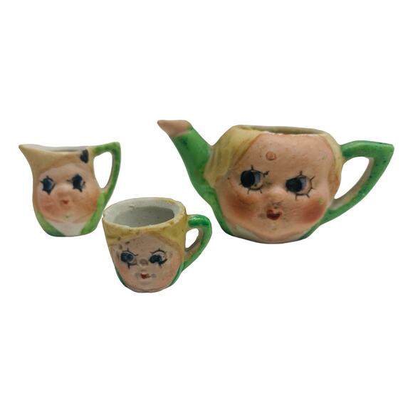 3 Pc Set 1920's Japan Kewpie Doll Face Child's Miniature Tea Pot Cup Creamer - Picture 11 of 14